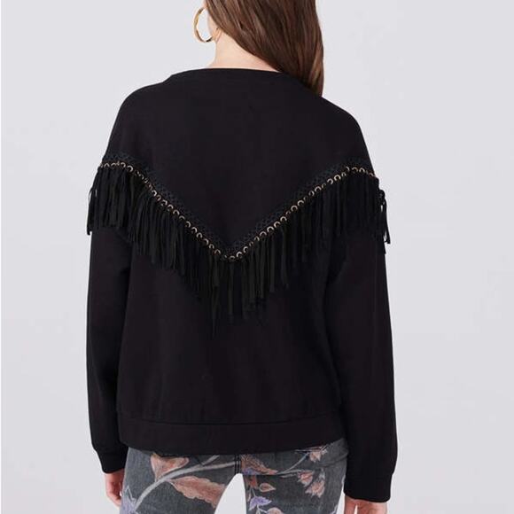 Hayley Menzies Ada Suede Fringe Cotton Blend Sweatshirt Size Large Solid Black - Picture 3 of 8